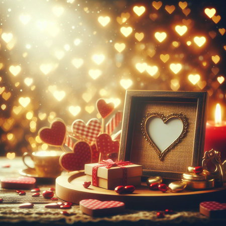 Valentine's Day background with festive decor elements and bokeh effect. Ideal for greeting cards, invitations, phone wallpapers, web sites and more. Created using generative ai tools.の写真素材