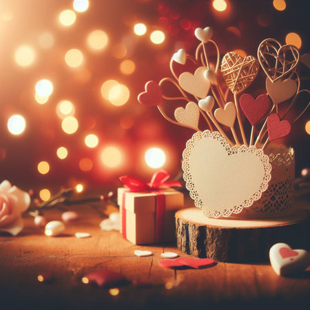 Valentine's Day background with festive decor elements and bokeh effect. Ideal for greeting cards, invitations, phone wallpapers, web sites and more. Created using generative ai tools.の写真素材