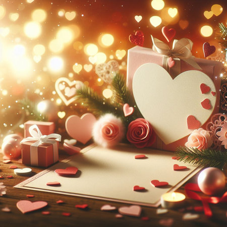 Valentine's Day background with festive decor elements and bokeh effect. Ideal for greeting cards, invitations, phone wallpapers, web sites and more. Created using generative ai tools.の写真素材
