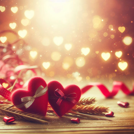 Valentine's Day background with festive decor elements and bokeh effect. Ideal for greeting cards, invitations, phone wallpapers, web sites and more. Created using generative ai tools.の写真素材