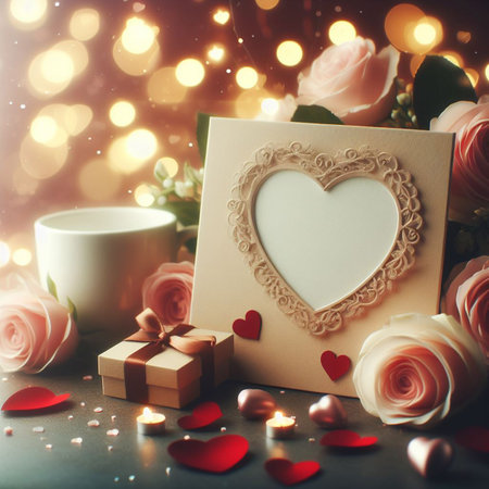 Valentine's Day background with festive decor elements and bokeh effect. Ideal for greeting cards, invitations, phone wallpapers, web sites and more. Created using generative ai tools.の写真素材