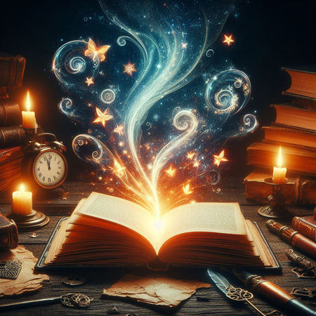 Open glowing neon magic book lying on the table. Illustration created using ai tools.の写真素材