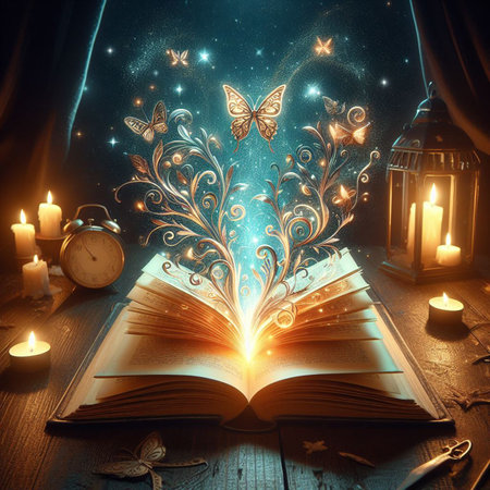 Open glowing neon magic book lying on the table. Illustration created using ai tools.の写真素材
