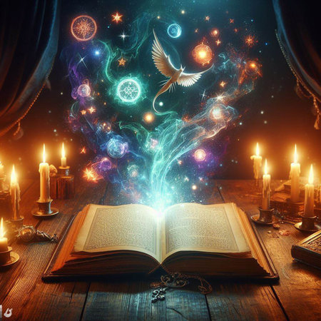 Open glowing neon magic book lying on the table. Illustration created using ai tools.の写真素材