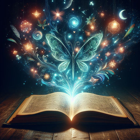 Open glowing neon magic book lying on the table. Illustration created using ai tools.の写真素材