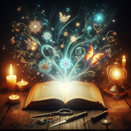 Open glowing neon magic book lying on the table. Illustration created using ai tools.の写真素材