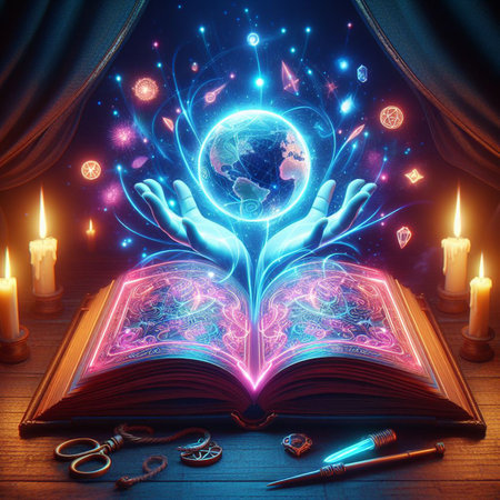 Open glowing neon magic book lying on the table. Illustration created using ai tools.の写真素材