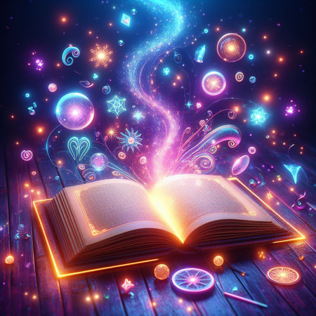 Open glowing neon magic book lying on the table. Illustration created using ai toolsの写真素材