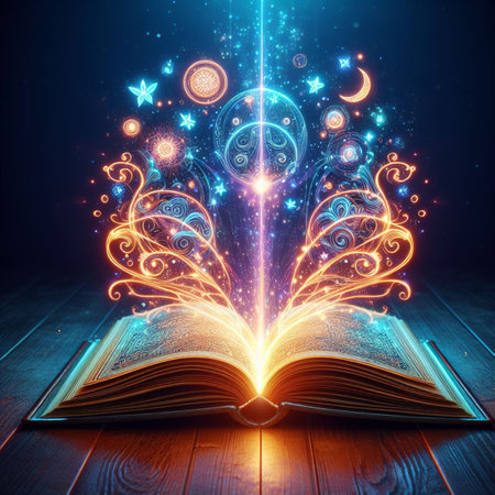 Open glowing neon magic book lying on the table. Illustration created using ai toolsの写真素材