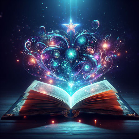Open glowing neon magic book lying on the table. Illustration created using ai toolsの写真素材