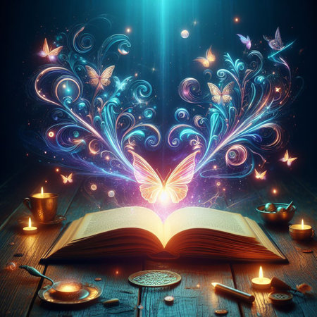Open glowing neon magic book lying on the table. Illustration created using ai toolsの写真素材