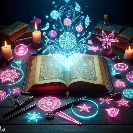 Open glowing neon magic book lying on the table. Illustration created using ai toolsの写真素材