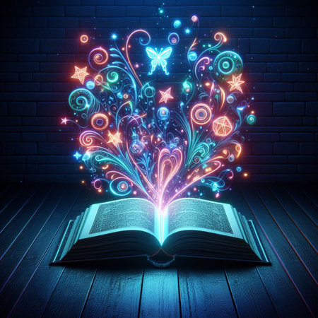 Open glowing neon magic book lying on the table. Illustration created using ai toolsの写真素材