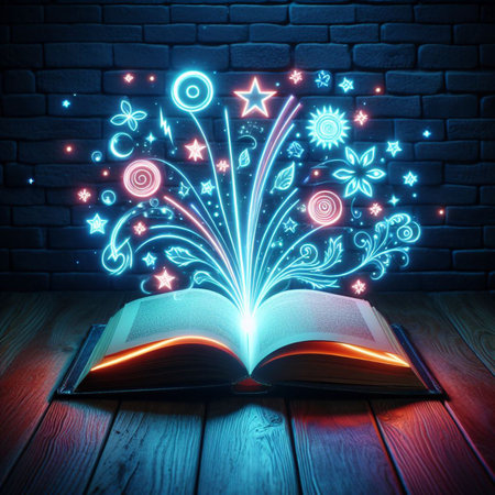 Open glowing neon magic book lying on the table. Illustration created using ai toolsの写真素材