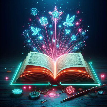 Open glowing neon magic book lying on the table. Illustration created using ai toolsの写真素材