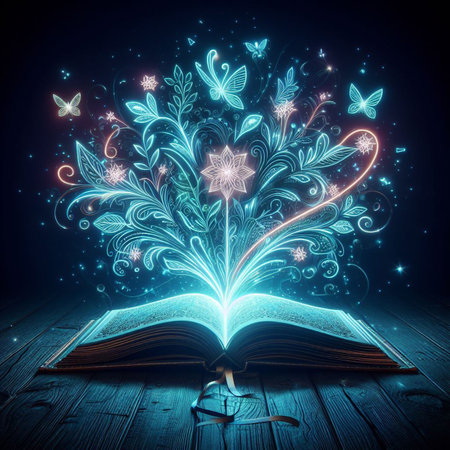 Open glowing neon magic book lying on the table. Illustration created using ai toolsの写真素材