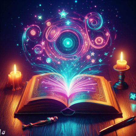 Open glowing neon magic book lying on the table. Illustration created using ai toolsの写真素材