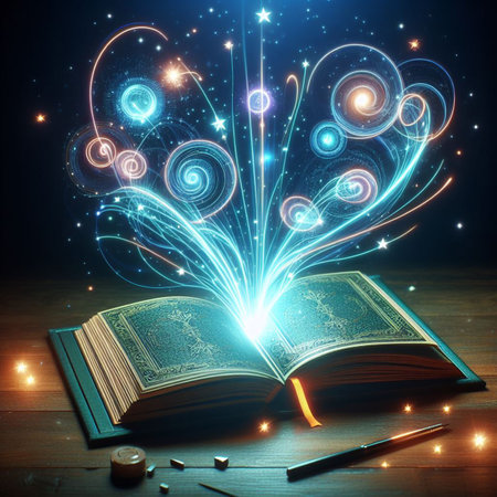 Open glowing neon magic book lying on the table. Illustration created using ai toolsの写真素材
