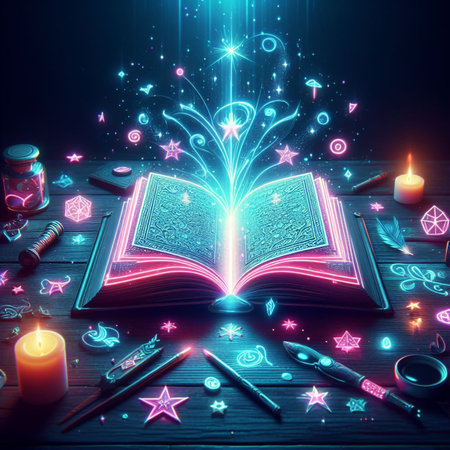 Open glowing neon magic book lying on the table. Illustration created using ai toolsの写真素材