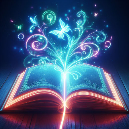 Open glowing neon magic book lying on the table. Illustration created using ai toolsの写真素材
