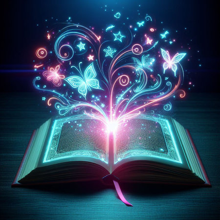 Open glowing neon magic book lying on the table. Illustration created using ai toolsの写真素材