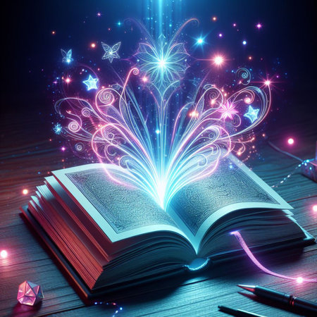 Open glowing neon magic book lying on the table. Illustration created using ai toolsの写真素材