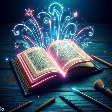 Open glowing neon magic book lying on the table. Illustration created using ai toolsの写真素材