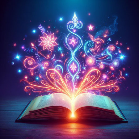 Open glowing neon magic book lying on the table. Illustration created using ai toolsの写真素材