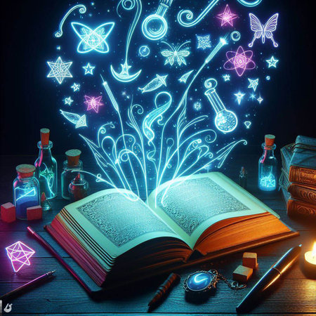 Open glowing neon magic book lying on the table. Illustration created using ai toolsの写真素材