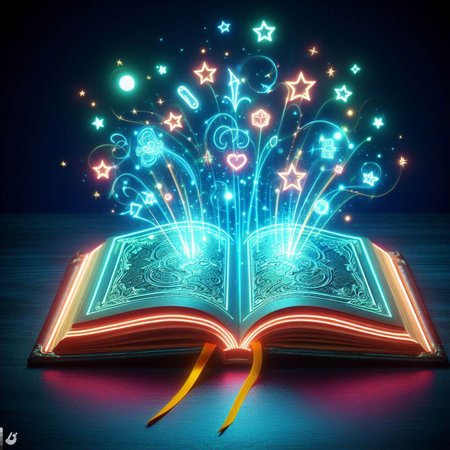 Open glowing neon magic book lying on the table. Illustration created using ai toolsの写真素材