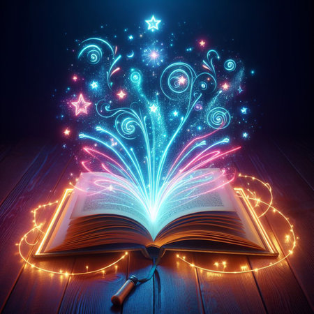 Open glowing neon magic book lying on the table. Illustration created using ai toolsの写真素材