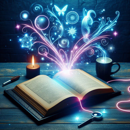 Open glowing neon magic book lying on the table. Illustration created using ai toolsの写真素材