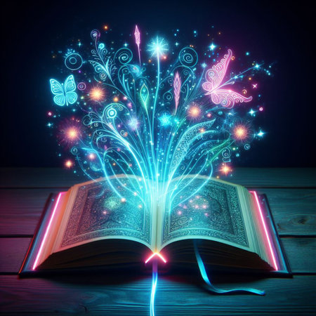 Open glowing neon magic book lying on the table. Illustration created using ai toolsの写真素材