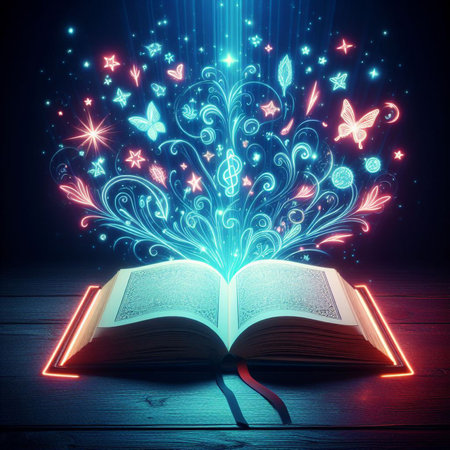 Open glowing neon magic book lying on the table. Illustration created using ai toolsの写真素材