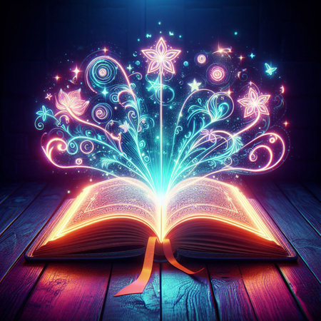 Open glowing neon magic book lying on the table. Illustration created using ai toolsの写真素材