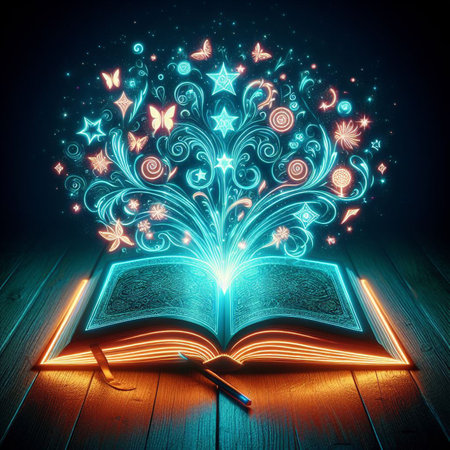 Open glowing neon magic book lying on the table. Illustration created using ai toolsの写真素材