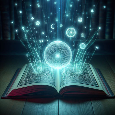 Open glowing neon magic book lying on the table. Illustration created using ai toolsの写真素材