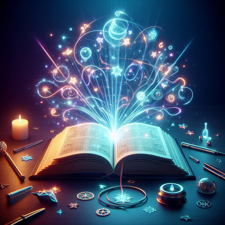 Open glowing neon magic book lying on the table. Illustration created using ai toolsの写真素材