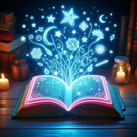 Open glowing neon magic book lying on the table. Illustration created using ai toolsの写真素材