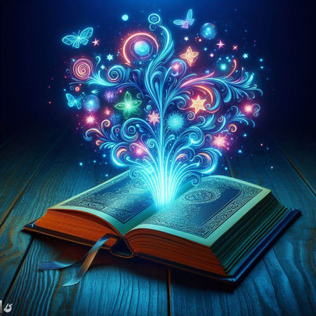 Open glowing neon magic book lying on the table. Illustration created using ai toolsの写真素材