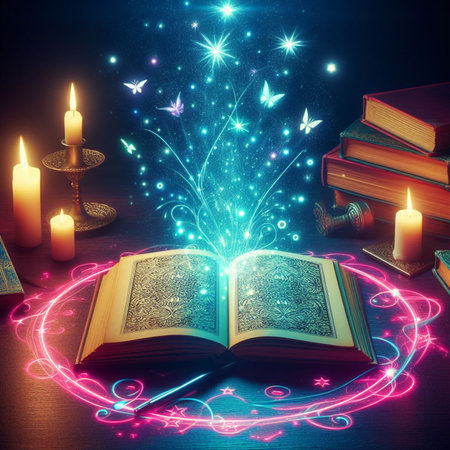 Open glowing neon magic book lying on the table. Illustration created using ai toolsの写真素材
