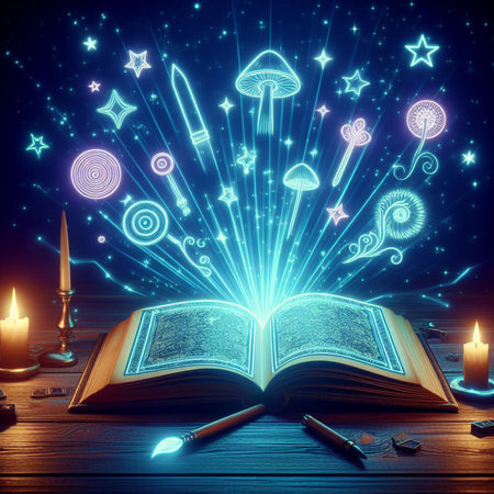 Open glowing neon magic book lying on the table. Illustration created using ai toolsの写真素材