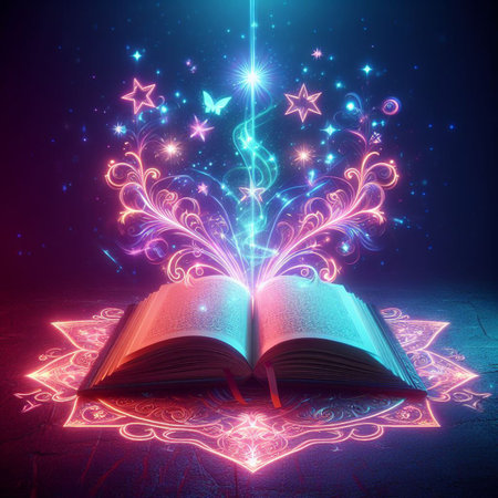 Open glowing neon magic book lying on the table. Illustration created using ai toolsの写真素材