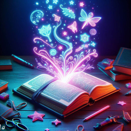Open glowing neon magic book lying on the table. Illustration created using ai toolsの写真素材