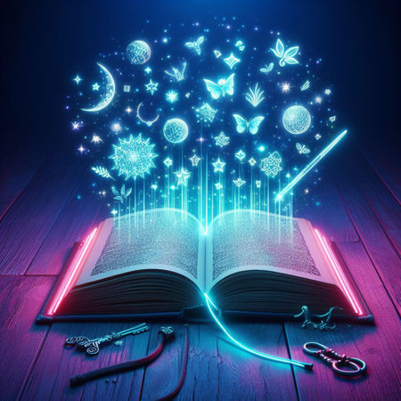 Open glowing neon magic book lying on the table. Illustration created using ai toolsの写真素材