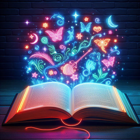 Open glowing neon magic book lying on the table. Illustration created using ai toolsの写真素材