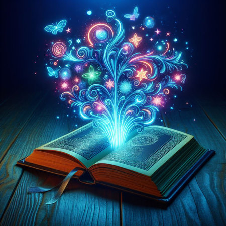 Open glowing neon magic book lying on the table. Illustration created using ai toolsの写真素材
