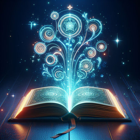 Open glowing neon magic book lying on the table. Illustration created using ai toolsの写真素材