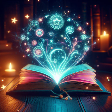 Open glowing neon magic book lying on the table. Illustration created using ai toolsの写真素材