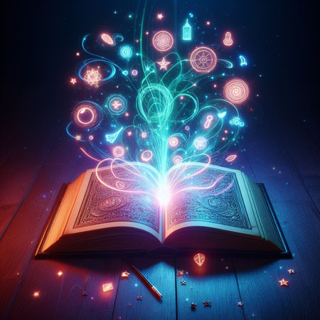 Open glowing neon magic book lying on the table. Illustration created using ai toolsの写真素材
